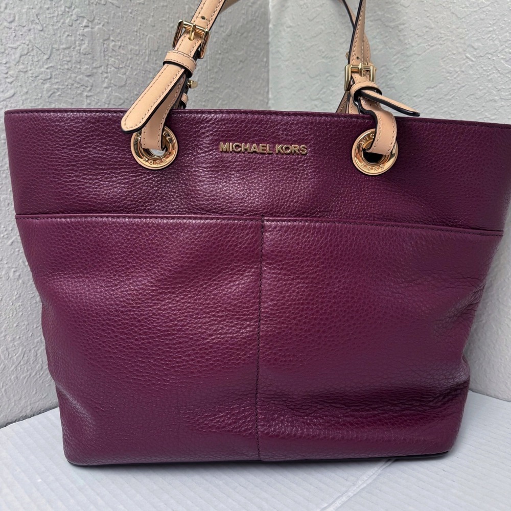 Michael Kors Bedford Pocket Tote Plum Pebble Leather Gold large Bag - Picture 2 of 12